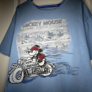 Disney Store Mickey Mouse Weekly Motorcycle Comic Graphic T-Shirt Blue Mens 2XL